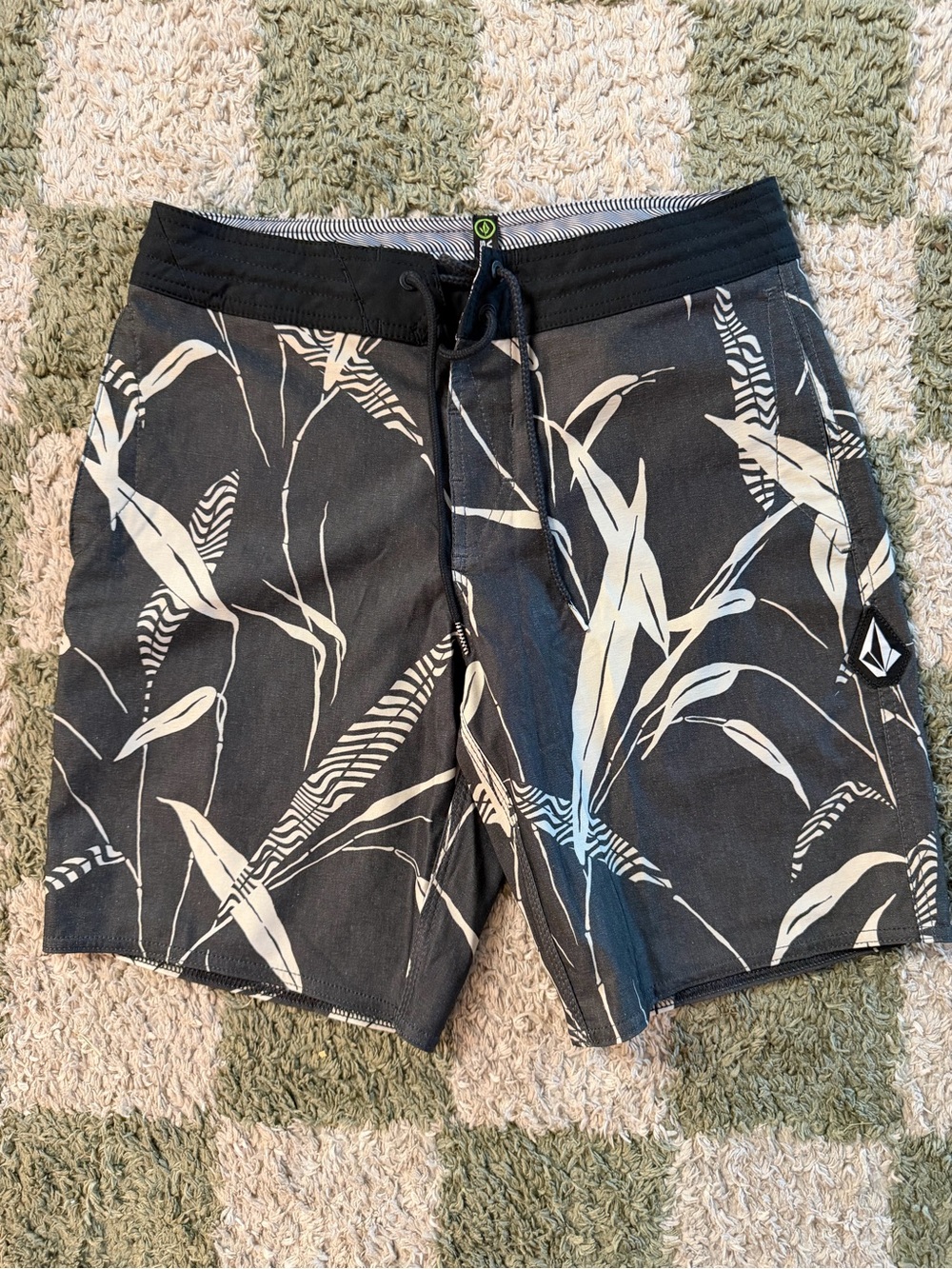 Volcom Black Swim Board Shorts with Cream Botanical Print